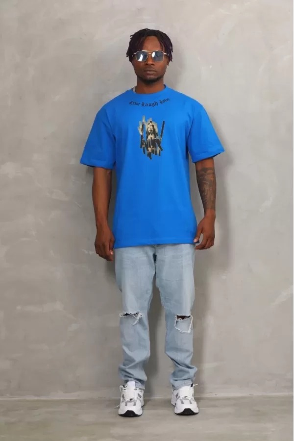Luz&Pos Unisex Oversize Baskılı Bisiklet Yaka T-shirt - Mavi