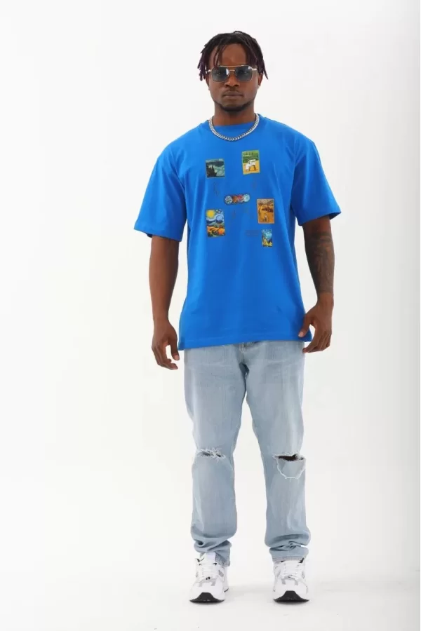Luz&Pos Unisex Oversize Baskılı Bisiklet Yaka T-shirt - Mavi