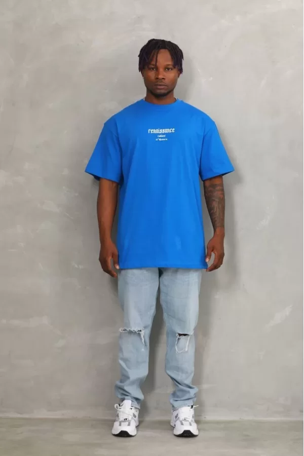 Luz&Pos Unisex Oversize Baskılı Bisiklet Yaka T-shirt - Mavi