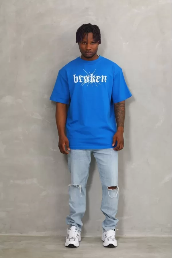 Luz&Pos Unisex Oversize Baskılı Bisiklet Yaka T-shirt - Mavi