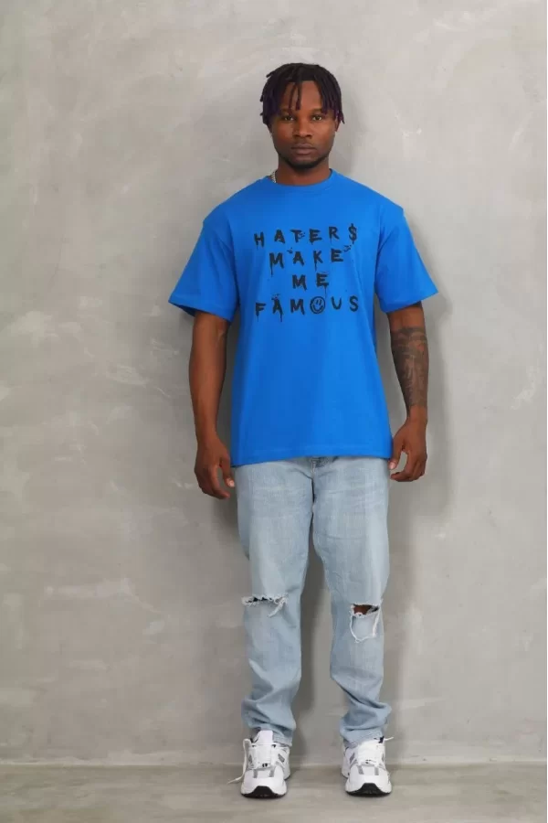 Luz&Pos Unisex Oversize Baskılı Bisiklet Yaka T-shirt - Mavi