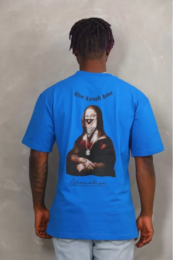 Luz&Pos Unisex Oversize Baskılı Bisiklet Yaka T-shirt - Mavi