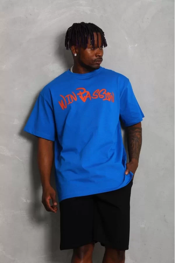 Luz&Pos Unisex Oversize Baskılı Bisiklet Yaka T-shirt - Mavi