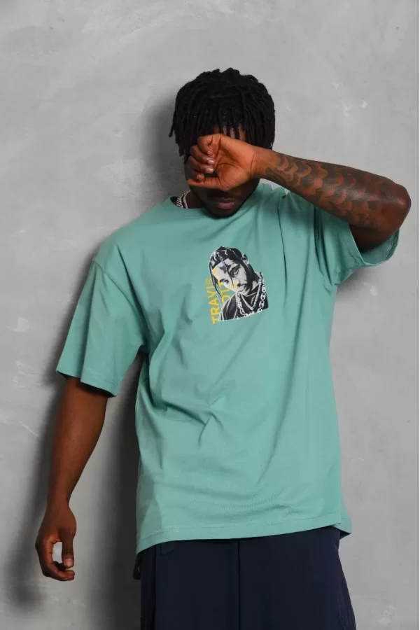 Luz&Pos Unisex Oversize Baskılı Bisiklet Yaka T-shirt - Mint Yeşili