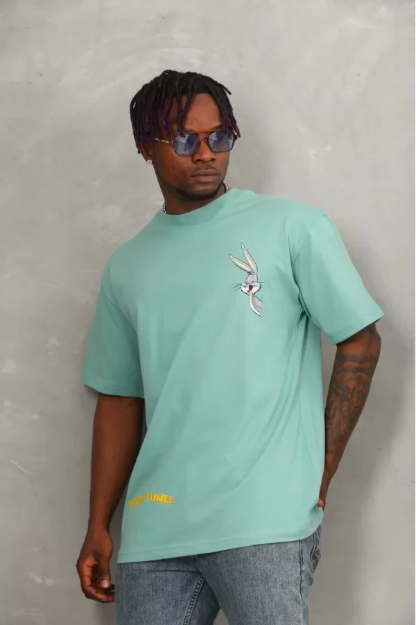 Luz&Pos Unisex Oversize Baskılı Bisiklet Yaka T-shirt - Mint Yeşili