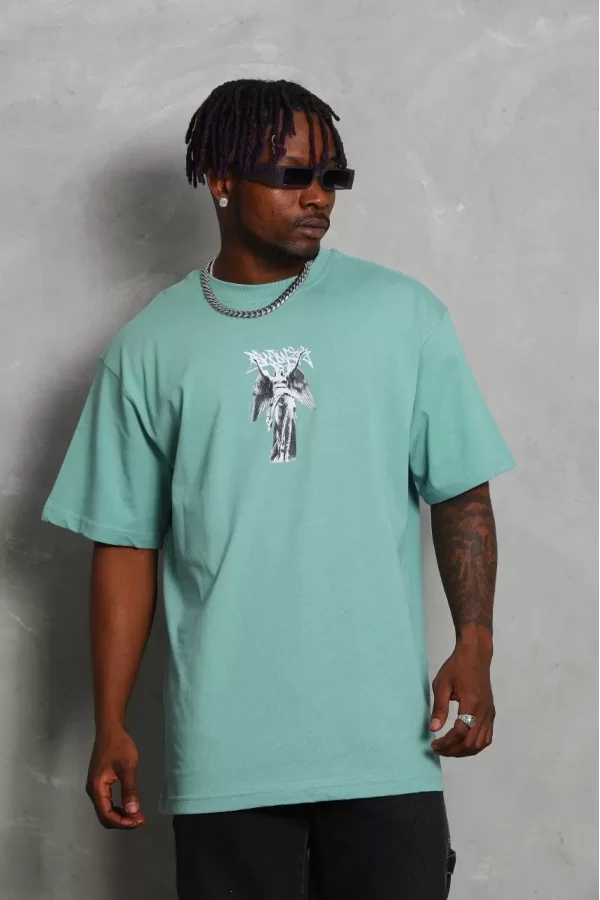 Luz&Pos Unisex Oversize Baskılı Bisiklet Yaka T-shirt - Mint Yeşili