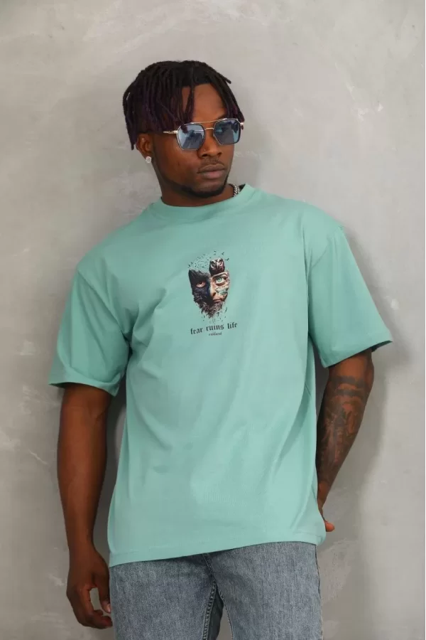 Luz&Pos Unisex Oversize Baskılı Bisiklet Yaka T-shirt - Mint Yeşili