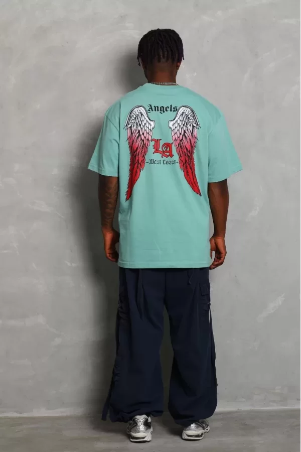 Luz&Pos Unisex Oversize Baskılı Bisiklet Yaka T-shirt - Mint Yeşili