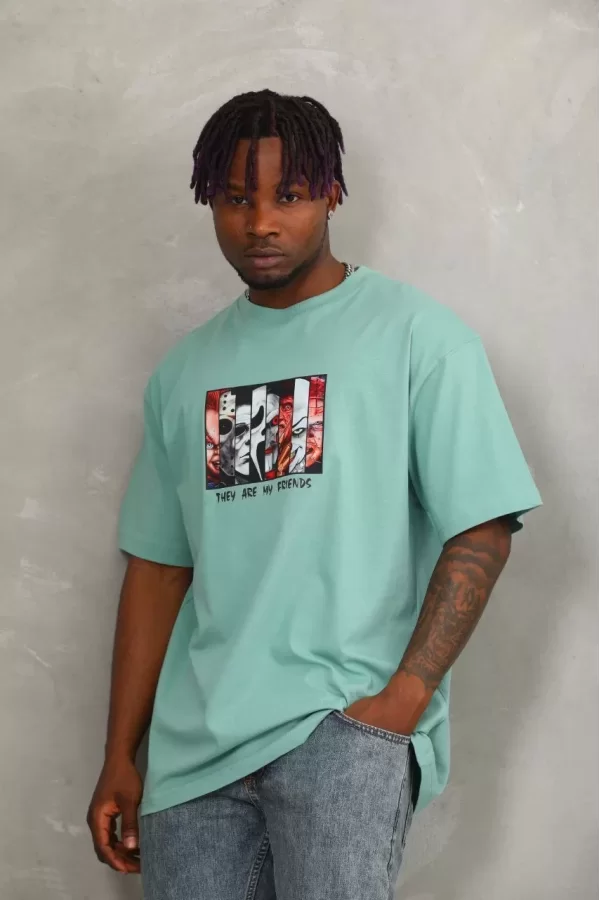 Luz&Pos Unisex Oversize Baskılı Bisiklet Yaka T-shirt - Mint Yeşili