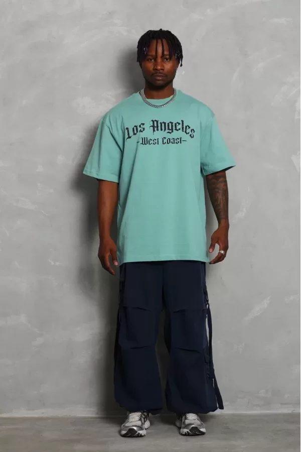 Luz&Pos Unisex Oversize Baskılı Bisiklet Yaka T-shirt - Mint Yeşili