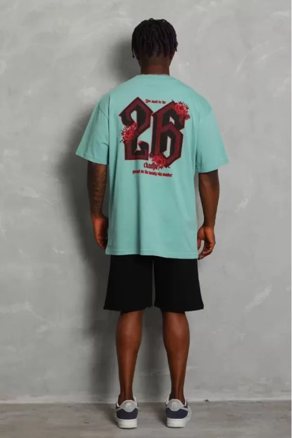 Unisex Oversize Baskılı Bisiklet Yaka T-Shirt - Mint Yeşili