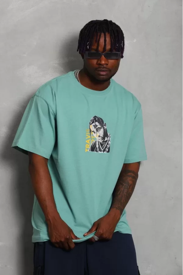 Luz&Pos Unisex Oversize Baskılı Bisiklet Yaka T-shirt - Mint Yeşili