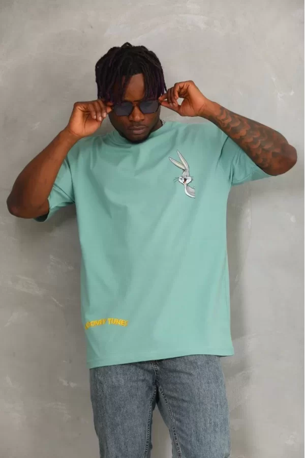 Luz&Pos Unisex Oversize Baskılı Bisiklet Yaka T-shirt - Mint Yeşili