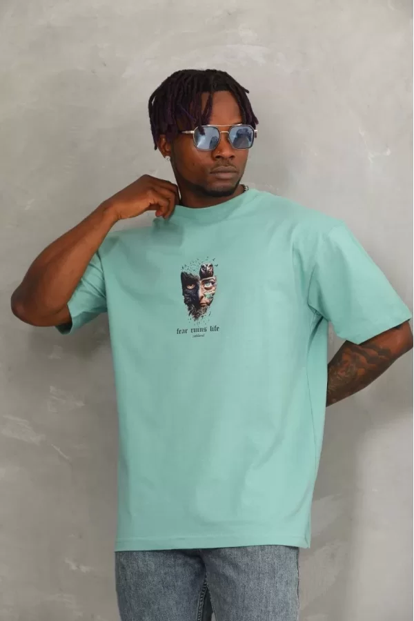 Luz&Pos Unisex Oversize Baskılı Bisiklet Yaka T-shirt - Mint Yeşili