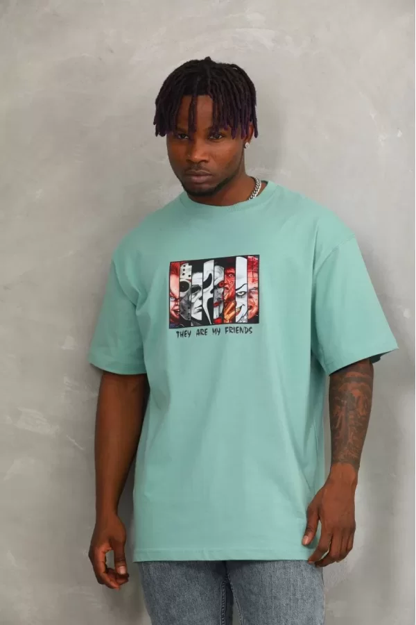 Luz&Pos Unisex Oversize Baskılı Bisiklet Yaka T-shirt - Mint Yeşili