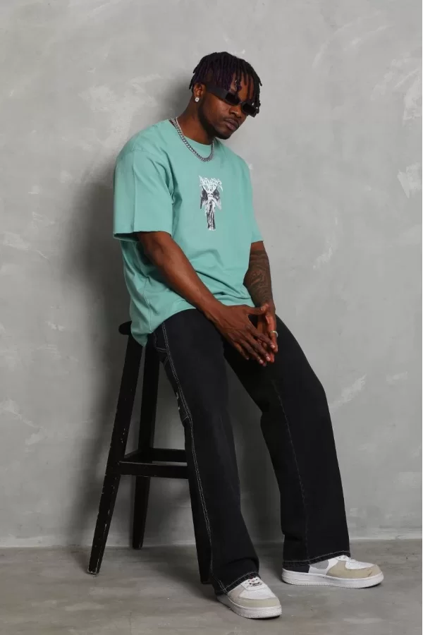 Luz&Pos Unisex Oversize Baskılı Bisiklet Yaka T-shirt - Mint Yeşili