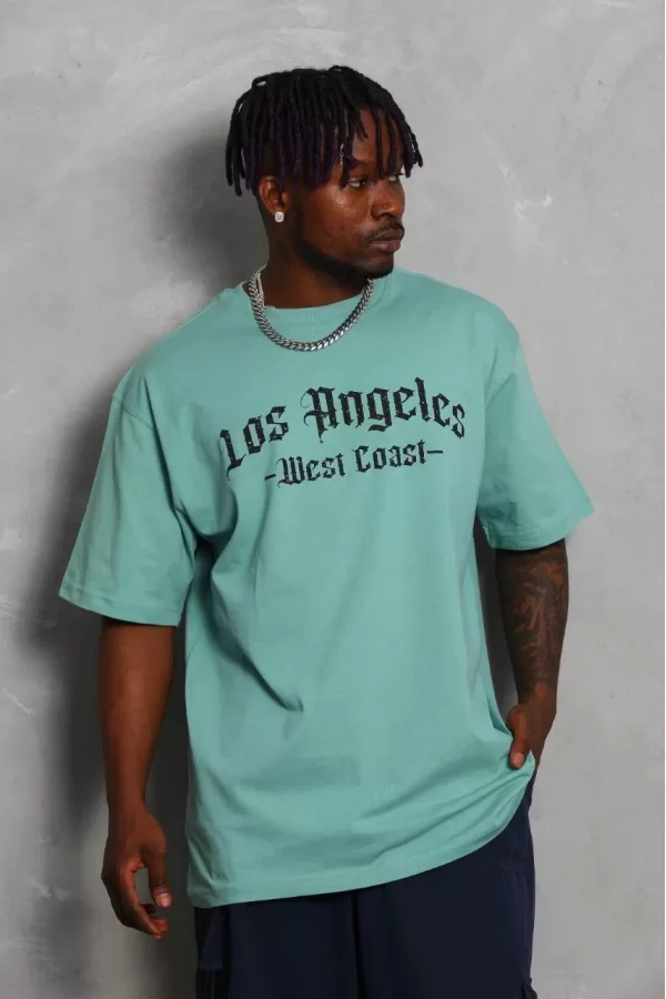 Luz&Pos Unisex Oversize Baskılı Bisiklet Yaka T-shirt - Mint Yeşili