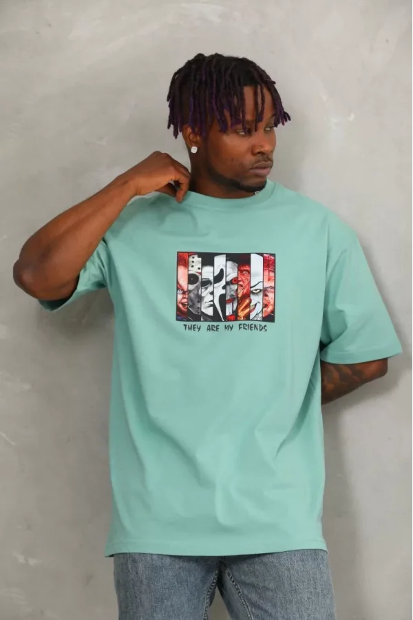 Luz&Pos Unisex Oversize Baskılı Bisiklet Yaka T-shirt - Mint Yeşili