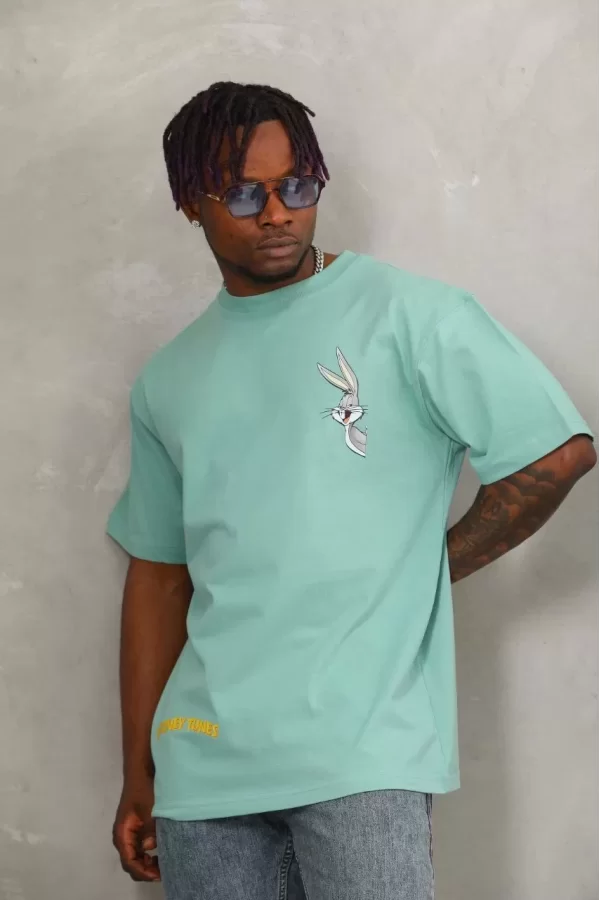 Luz&Pos Unisex Oversize Baskılı Bisiklet Yaka T-shirt - Mint Yeşili