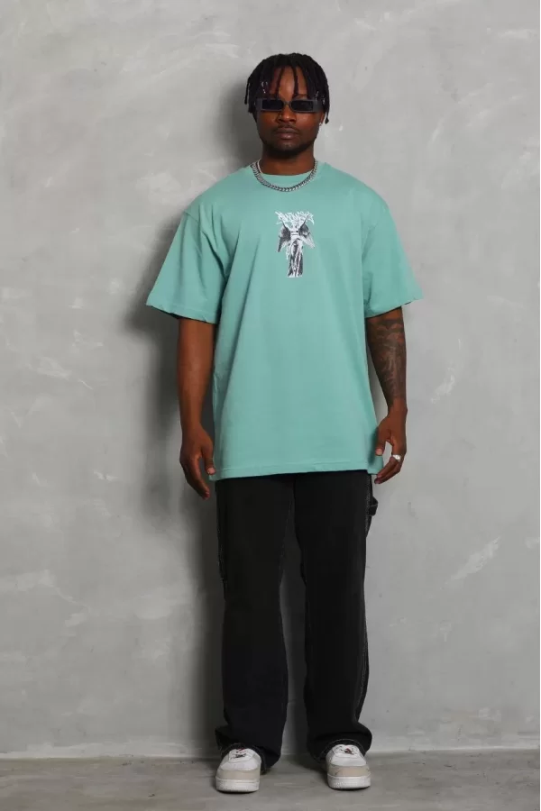 Luz&Pos Unisex Oversize Baskılı Bisiklet Yaka T-shirt - Mint Yeşili
