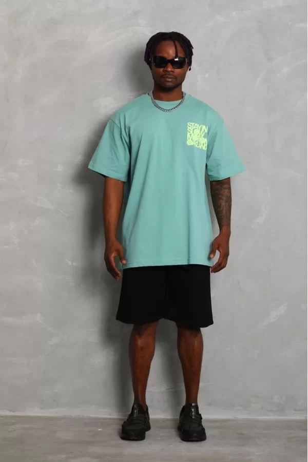 Luz&Pos Unisex Oversize Baskılı Bisiklet Yaka T-shirt - Mint Yeşili