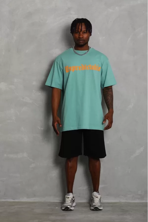 Luz&Pos Unisex Oversize Baskılı Bisiklet Yaka T-shirt - Mint Yeşili