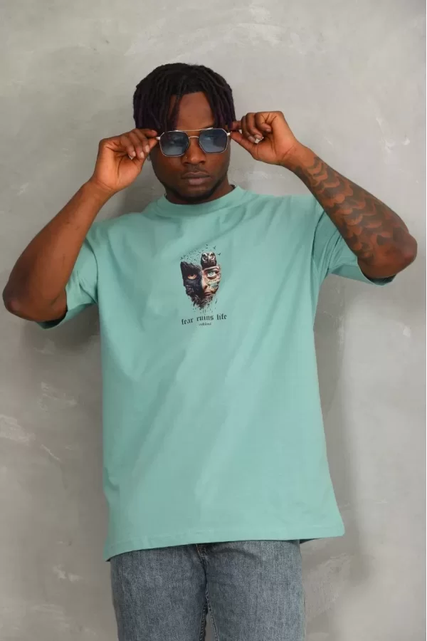Luz&Pos Unisex Oversize Baskılı Bisiklet Yaka T-shirt - Mint Yeşili