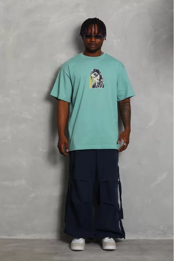 Luz&Pos Unisex Oversize Baskılı Bisiklet Yaka T-shirt - Mint Yeşili