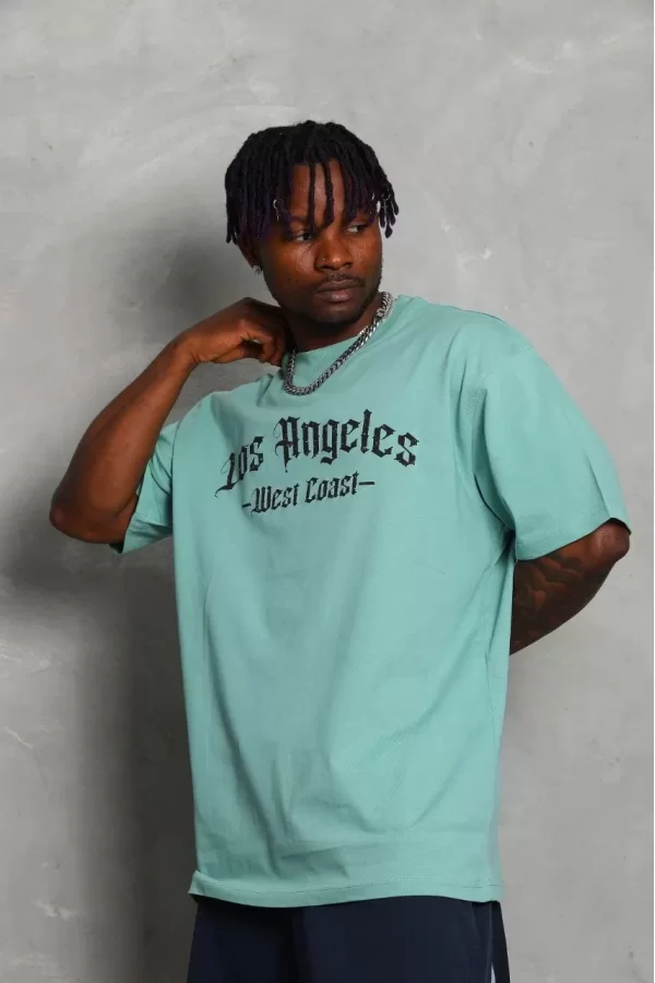 Luz&Pos Unisex Oversize Baskılı Bisiklet Yaka T-shirt - Mint Yeşili