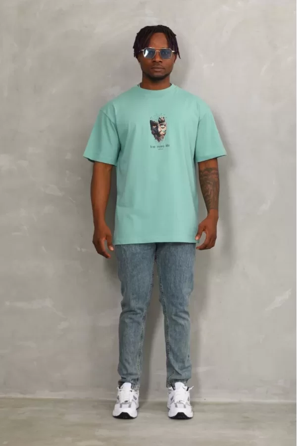 Luz&Pos Unisex Oversize Baskılı Bisiklet Yaka T-shirt - Mint Yeşili