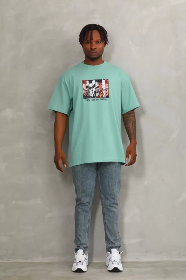 Luz&Pos Unisex Oversize Baskılı Bisiklet Yaka T-shirt - Mint Yeşili