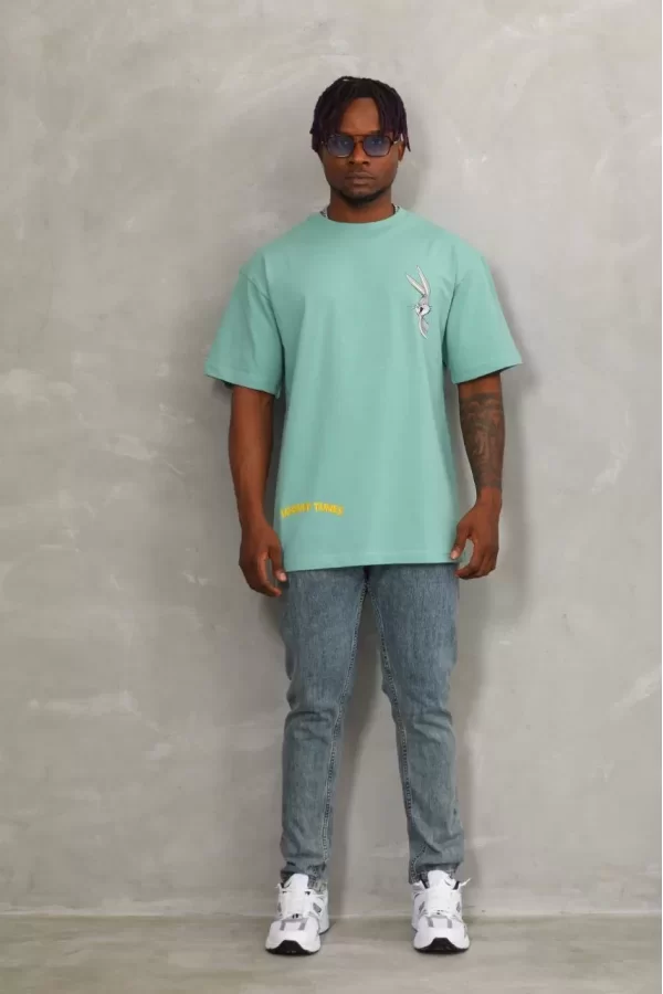 Luz&Pos Unisex Oversize Baskılı Bisiklet Yaka T-shirt - Mint Yeşili