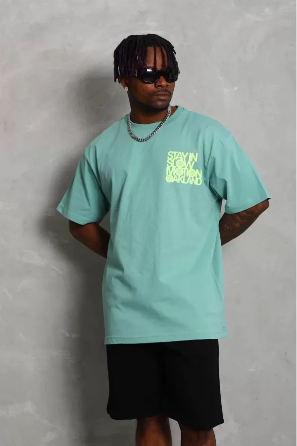 Luz&Pos Unisex Oversize Baskılı Bisiklet Yaka T-shirt - Mint Yeşili