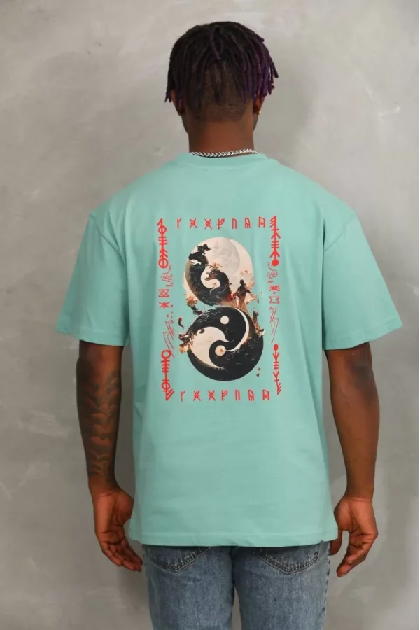Luz&Pos Unisex Oversize Baskılı Bisiklet Yaka T-shirt - Mint Yeşili