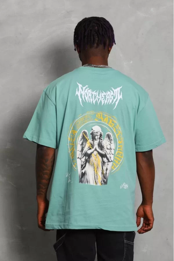 Luz&Pos Unisex Oversize Baskılı Bisiklet Yaka T-shirt - Mint Yeşili
