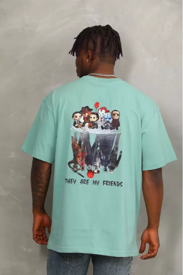 Luz&Pos Unisex Oversize Baskılı Bisiklet Yaka T-shirt - Mint Yeşili