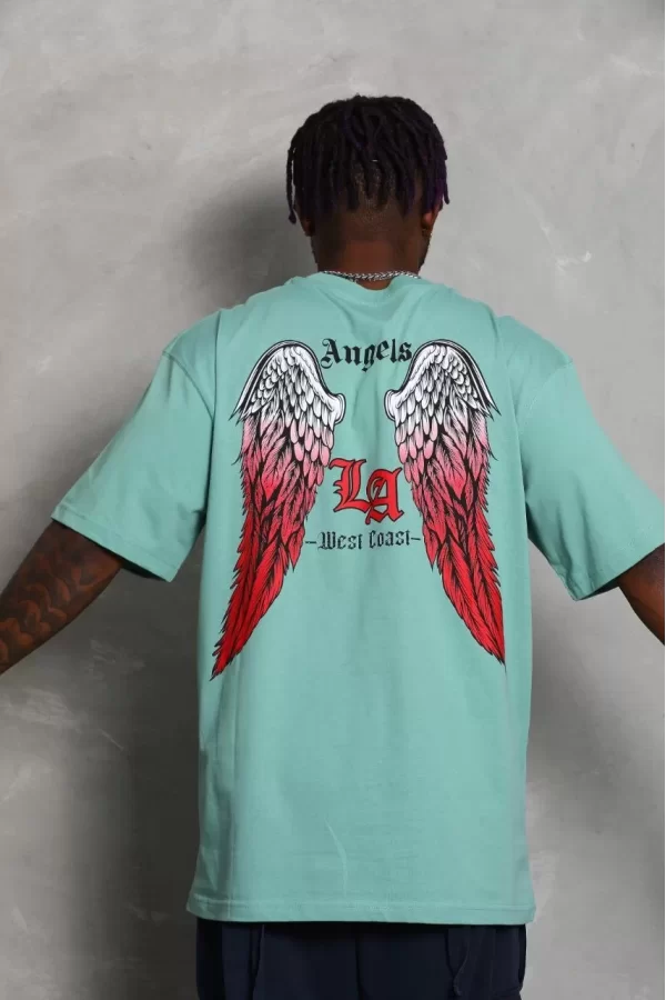 Luz&Pos Unisex Oversize Baskılı Bisiklet Yaka T-shirt - Mint Yeşili