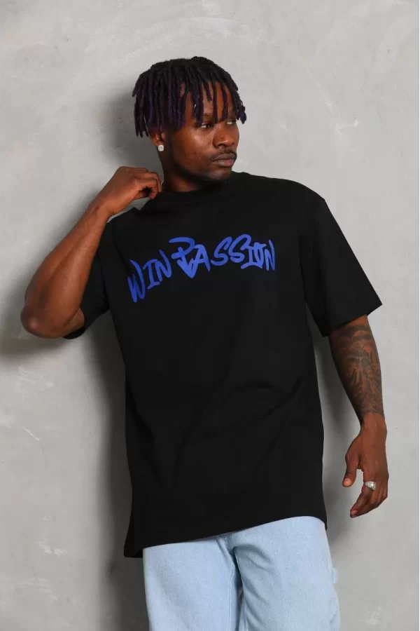 Luz&Pos Unisex Oversize Baskılı Bisiklet Yaka T-shirt - Siyah