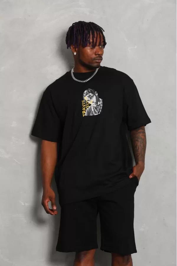 Luz&Pos Unisex Oversize Baskılı Bisiklet Yaka T-shirt - Siyah