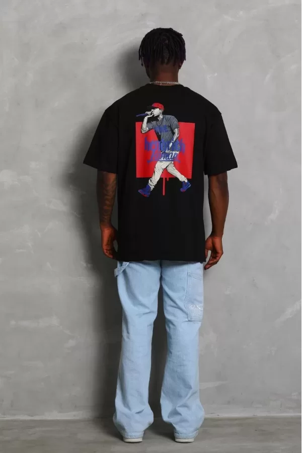 Luz&Pos Unisex Oversize Baskılı Bisiklet Yaka T-shirt - Siyah