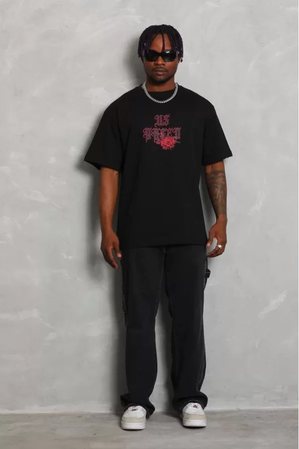 Luz&Pos Unisex Oversize Baskılı Bisiklet Yaka T-shirt - Siyah