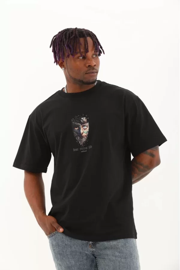 Luz&Pos Unisex Oversize Baskılı Bisiklet Yaka T-shirt - Siyah
