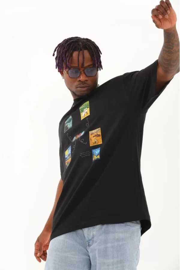Luz&Pos Unisex Oversize Baskılı Bisiklet Yaka T-shirt - Siyah