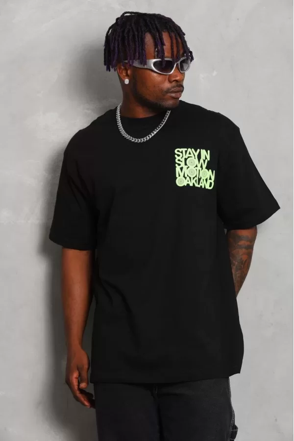 Luz&Pos Unisex Oversize Baskılı Bisiklet Yaka T-shirt - Siyah