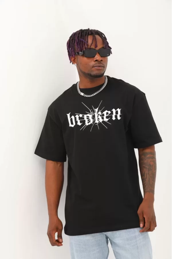 Luz&Pos Unisex Oversize Baskılı Bisiklet Yaka T-shirt - Siyah