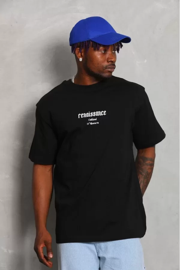 Luz&Pos Unisex Oversize Baskılı Bisiklet Yaka T-shirt - Siyah