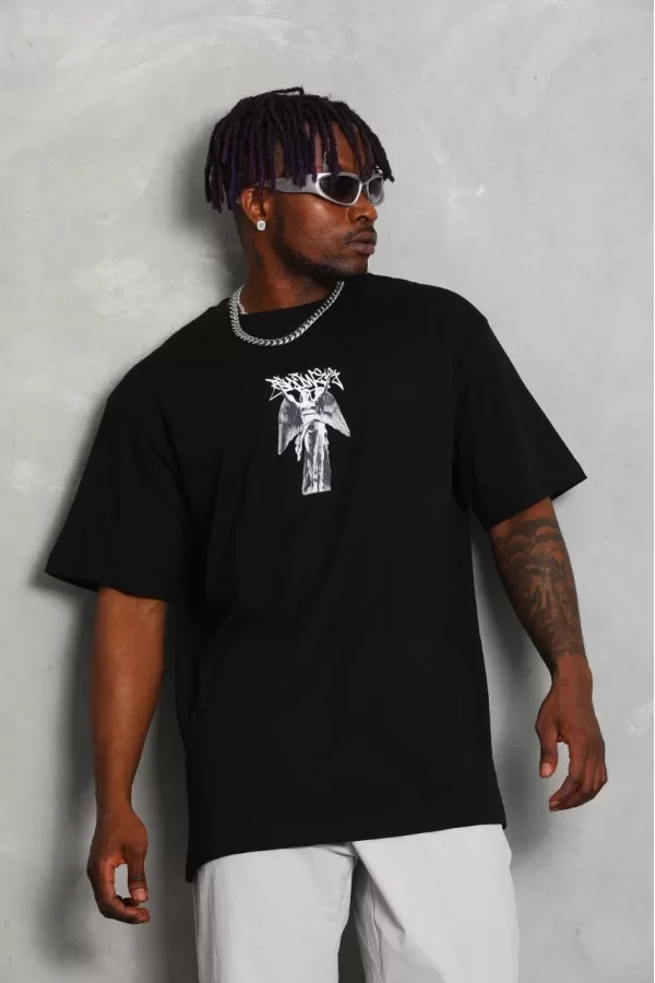 Luz&Pos Unisex Oversize Baskılı Bisiklet Yaka T-shirt - Siyah