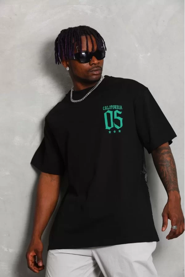 Luz&Pos Unisex Oversize Baskılı Bisiklet Yaka T-shirt - Siyah
