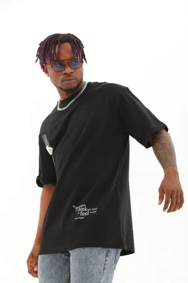 Luz&Pos Unisex Oversize Baskılı Bisiklet Yaka T-shirt - Siyah