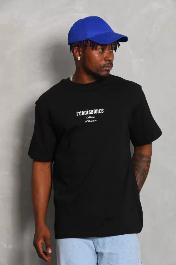 Luz&Pos Unisex Oversize Baskılı Bisiklet Yaka T-shirt - Siyah